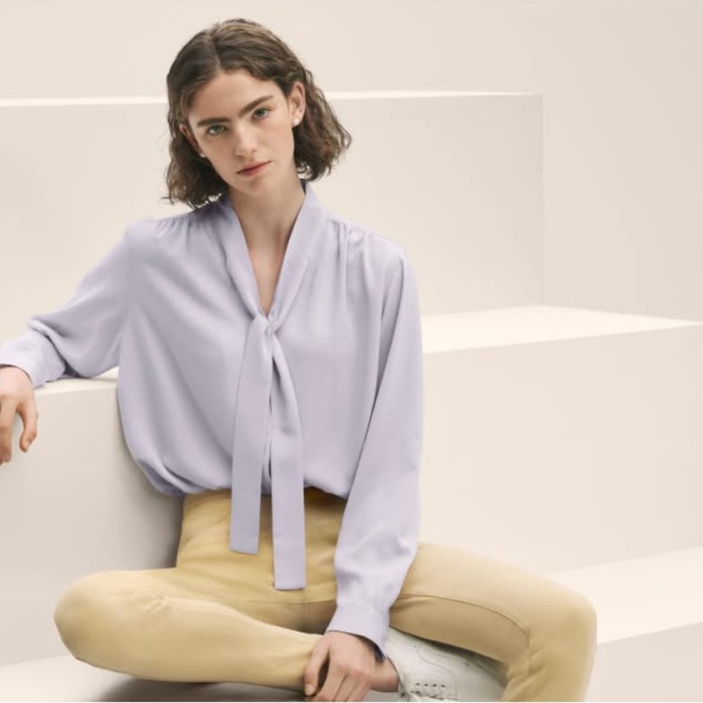 UNIQLO Rayon Bow Tie Long Sleeve Blouse